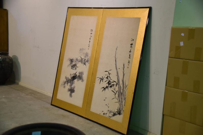 Japanese Ink Brush Crabs and Spring Bamboo Screen - Image 2