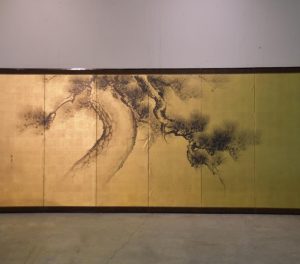 Japanese Ink Brush Pine Screen by Suzuki Shonun (1848-1918)