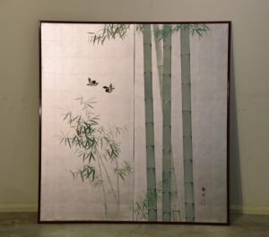 Japanese Bamboo and Birds on Silver 2 Panel Screen