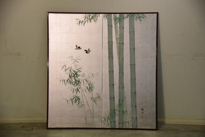 Japanese Bamboo and Birds on Silver 2 Panel Screen