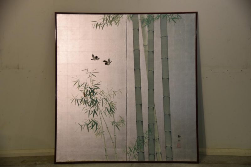 Japanese Bamboo and Birds on Silver 2 Panel Screen - Image 2