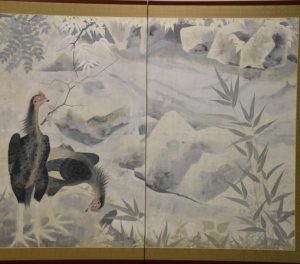 2 Roosters Japanese 2 Panel Screen