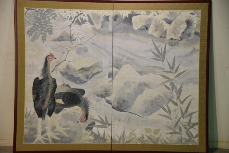 2 Roosters Japanese 2 Panel Screen