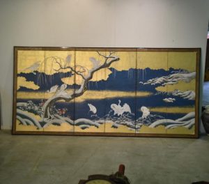 Meiji Period Egrets with Snow 6 Panel Screen