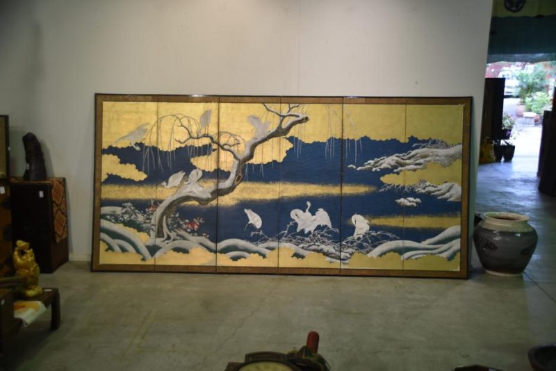 Meiji Period Egrets with Snow 6 Panel Screen