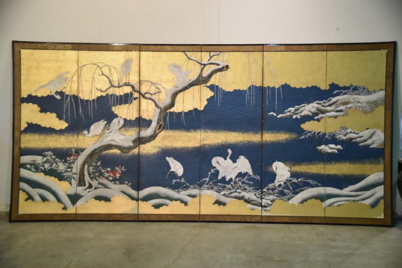 Meiji Period Egrets with Snow 6 Panel Screen - Image 2