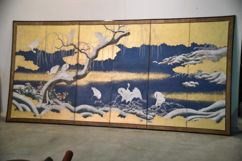 Meiji Period Egrets with Snow 6 Panel Screen - Image 11