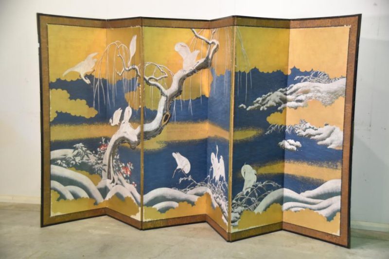 Meiji Period Egrets with Snow 6 Panel Screen - Image 4