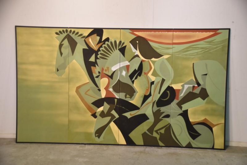 Japanese Yuzen Fabric 4 Panel Horses Screen - Image 2