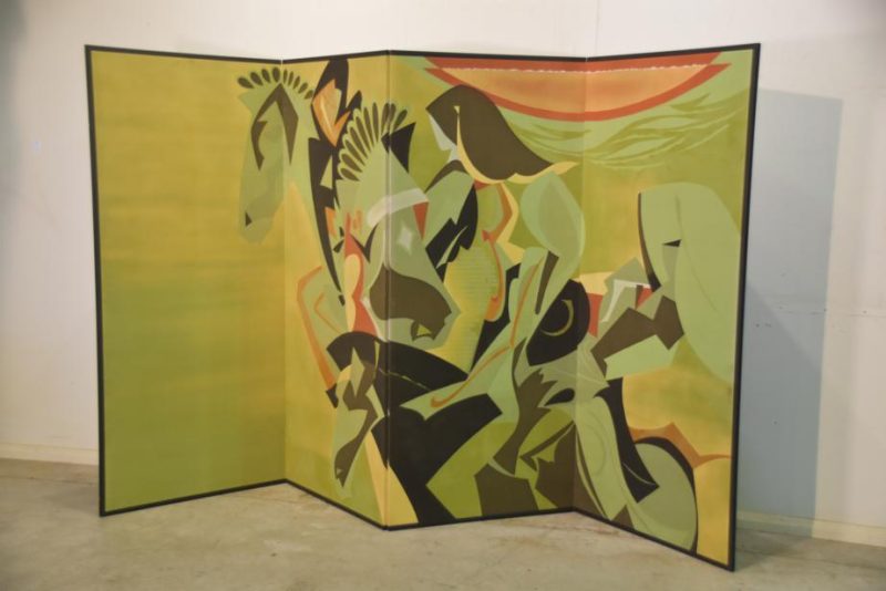 Japanese Yuzen Fabric 4 Panel Horses Screen - Image 3