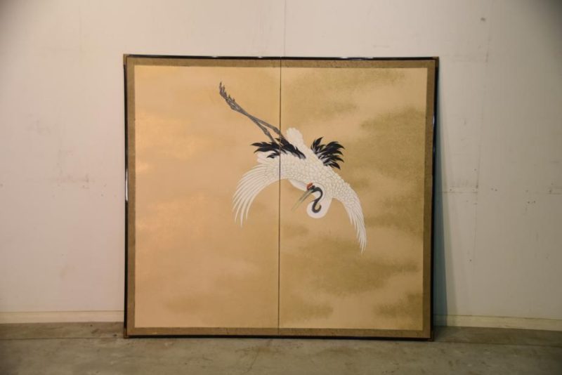 Japanese Antique Flying Crane 2 Panel Screen - Image 11