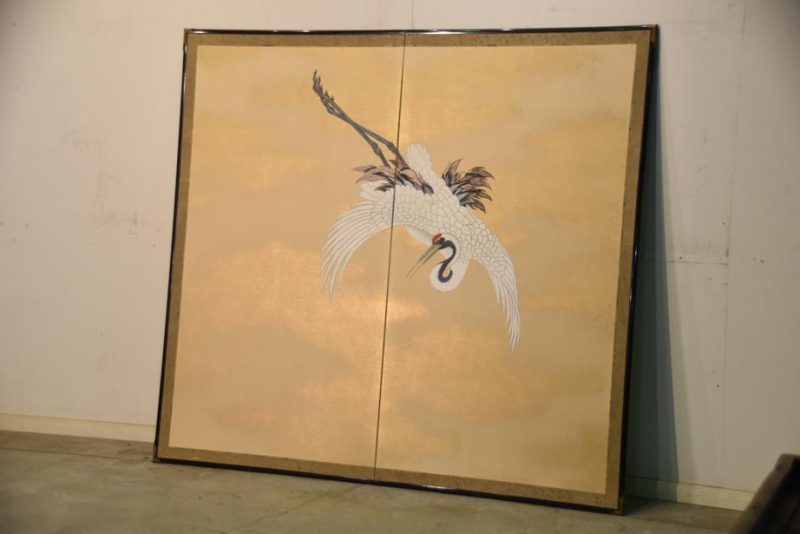 Japanese Antique Flying Crane 2 Panel Screen - Image 8