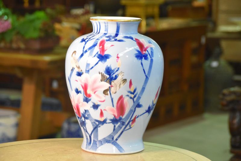 Porcelain Vase by Fukugawa with Birds and Magnolia Flowers