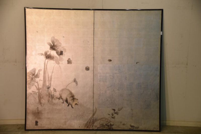Japanese Tanuki on a Silver 2 Panel Screen - Image 2
