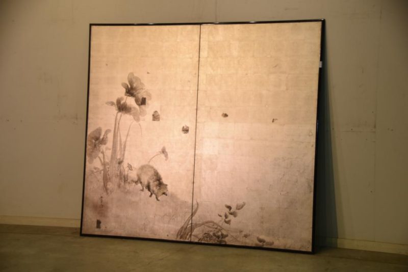 Japanese Tanuki on a Silver 2 Panel Screen - Image 8