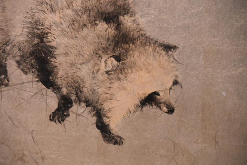 Japanese Tanuki on a Silver 2 Panel Screen - Image 6