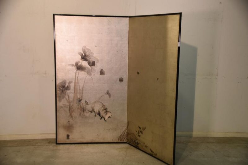 Japanese Tanuki on a Silver 2 Panel Screen - Image 4