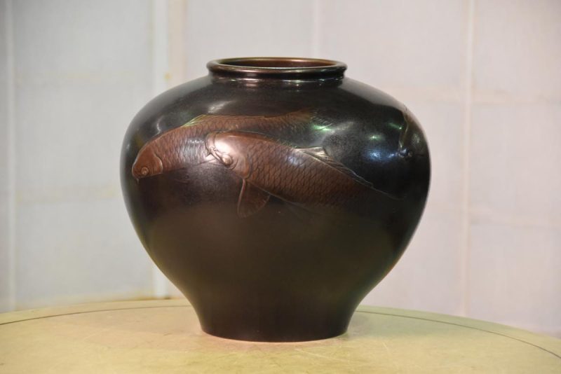 Japanese Bronze Koi Ikebana Flower Vase