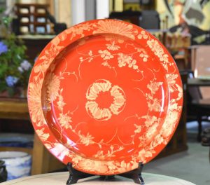 Japanese Red Lacquerware Plate Decorated with Komori (Bats)