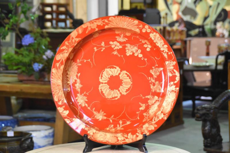 Japanese Red Lacquerware Plate Decorated with Komori (Bats)