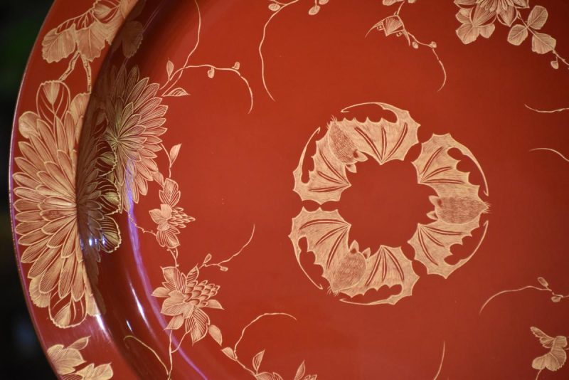 Japanese Red Lacquerware Plate Decorated with Komori (Bats) - Image 13