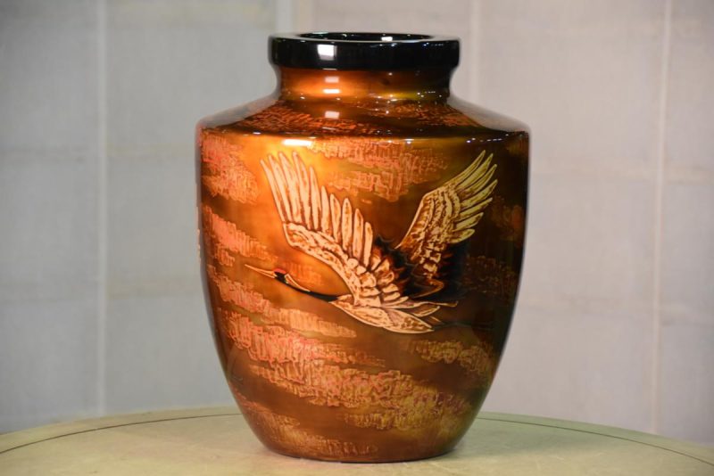 Japanese Wakasa Lacquer Vase with Flying Cranes