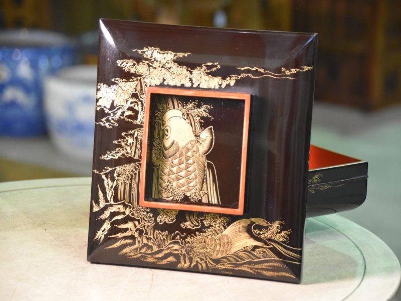 Japanese Leaping Koi Lacquer Lidded Bowl