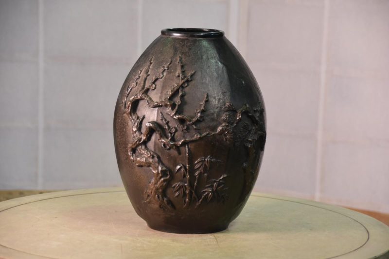 Japanese Cast Bronze Plum Blossom Ikebana Vase - Image 5