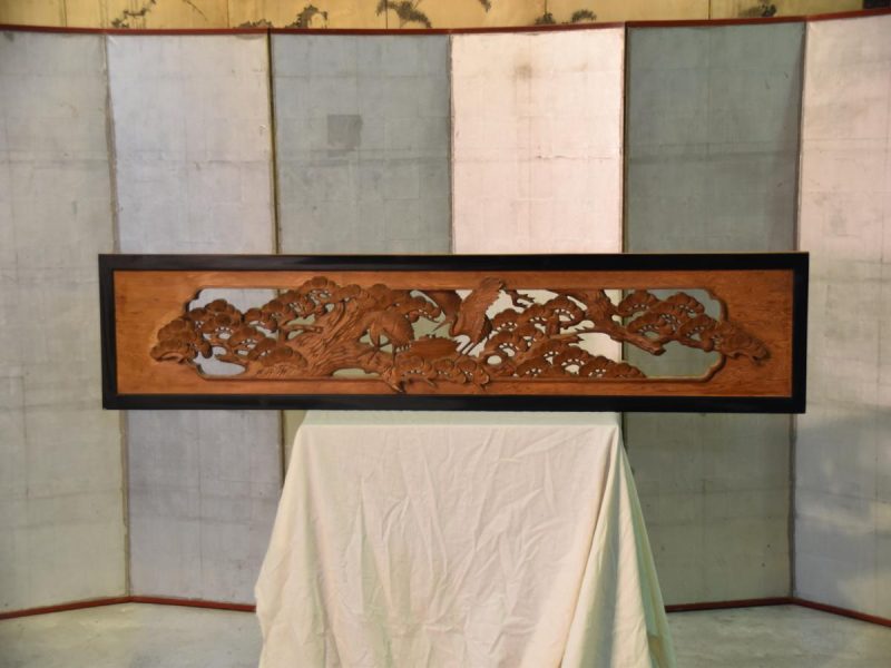 Japanese Rama Carved Wooden Transom decorated with Cranes and Matsu Pine Tree