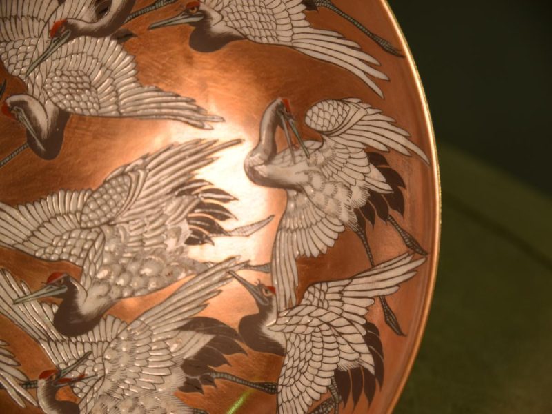 Japanese Flying Cranes Kutani Ware Ceramic Bowl - Image 3