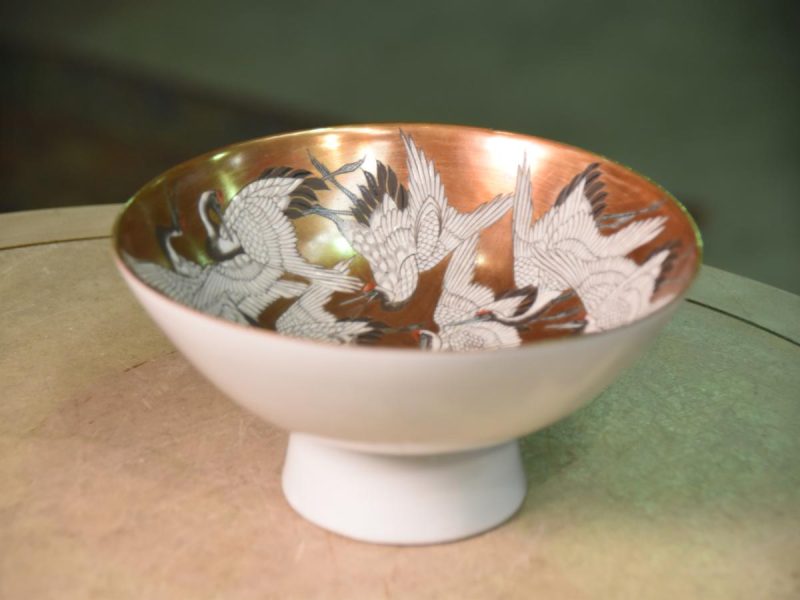 Japanese Flying Cranes Kutani Ware Ceramic Bowl - Image 7