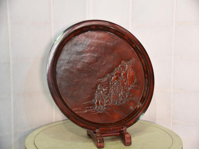 Japanese Carved Elm Wood Tray Decorated with Hotai San - Image 6