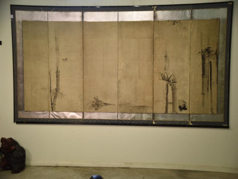 Japanese Momoyama Period 6 Panel Sumi-E Screen - Image 11