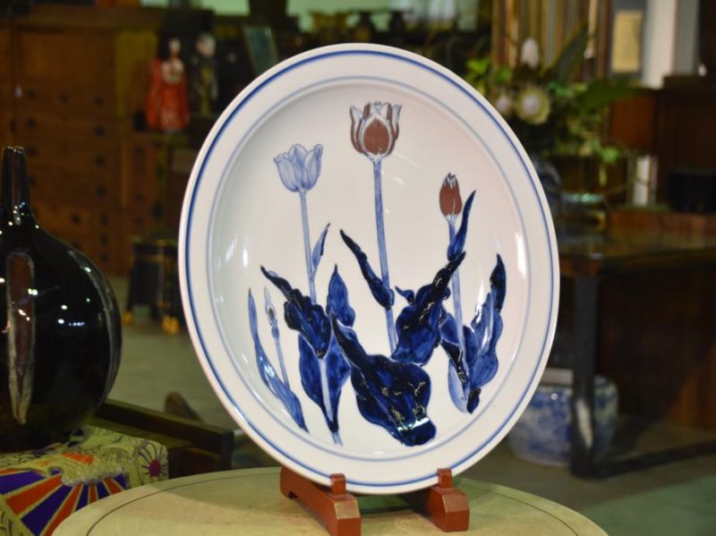 Japanese Celadon Plate Decorated with Tulips