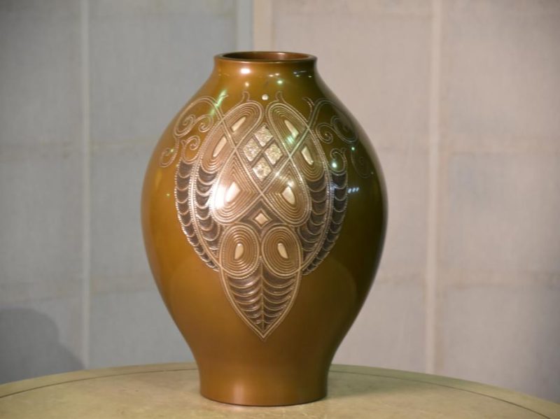 Japanese 1950's Bronze Silver Inlay Vase - Image 2