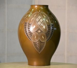 Japanese 1950's Bronze Silver Inlay Vase