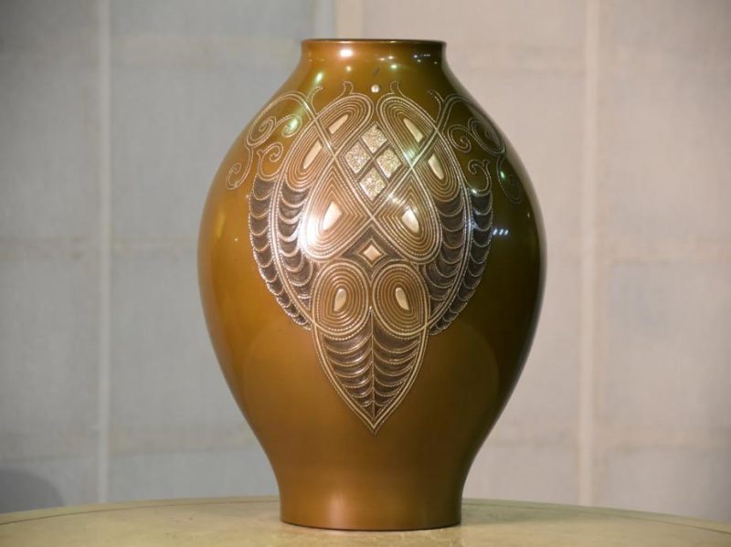 Japanese 1950's Bronze Silver Inlay Vase