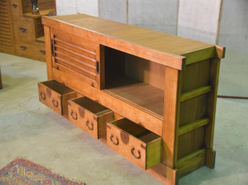 Antique Kyoto Sideboard with 3 Drawers and Sliders - Image 10