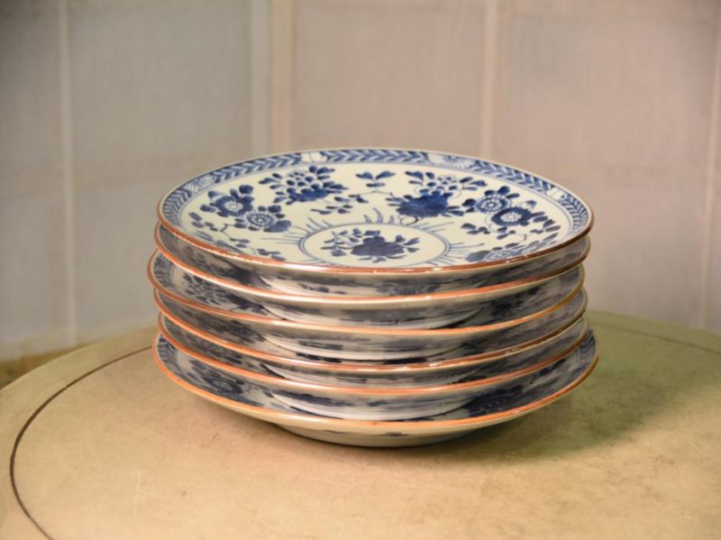 Set of 6 Japanese Blue and White Hand Painted Dinner Plates