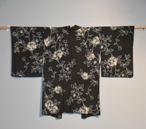 Japanese Vintage White Floral Designs on Black Haori Jacket