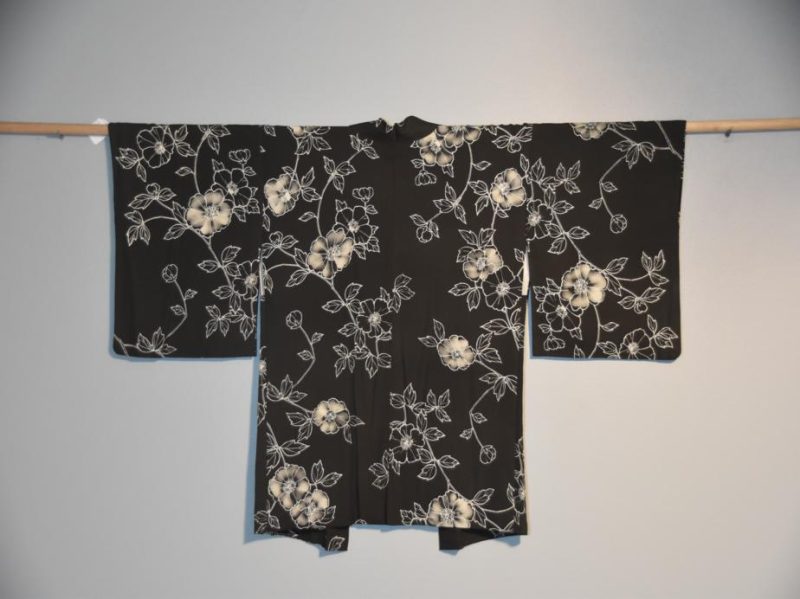Japanese Vintage White Floral Designs on Black Haori Jacket