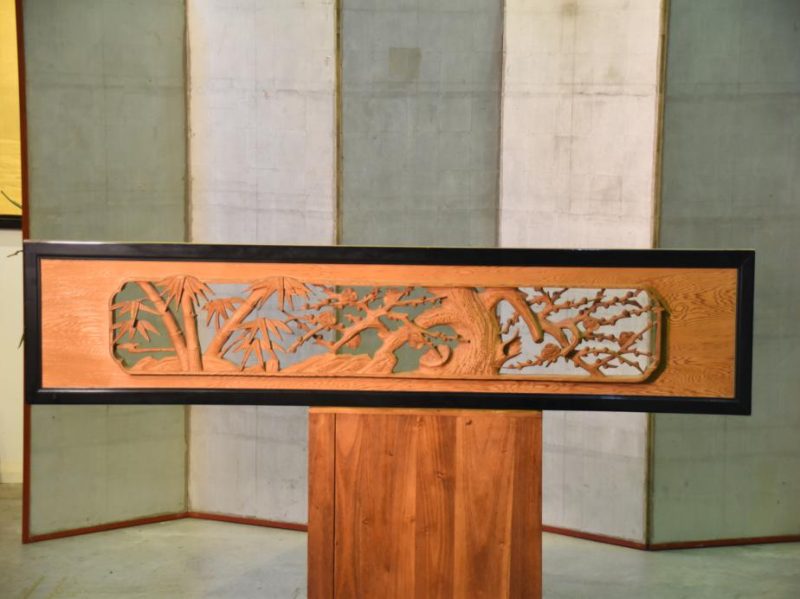 Japanese Bamboo and Plum Carved Wooden Rama Transom - Image 2