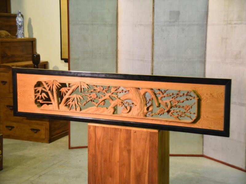 Japanese Bamboo and Plum Carved Wooden Rama Transom - Image 7