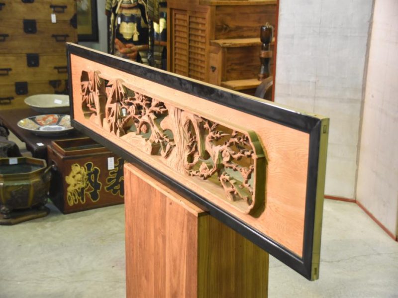 Japanese Bamboo and Plum Carved Wooden Rama Transom - Image 4