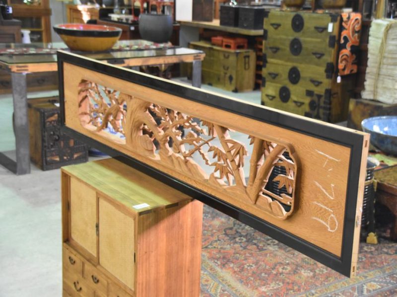 Japanese Bamboo and Plum Carved Wooden Rama Transom - Image 3