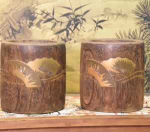 A Pair of Wooden Hibachi with Gold Maki E painting.