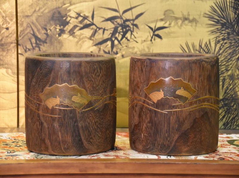 A Pair of Wooden Hibachi with Gold Maki E painting. - Image 7