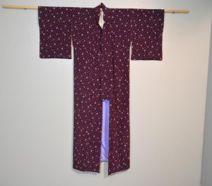 Purple silk ladies Kimono with dainty snowflake and maple leaf pattern
