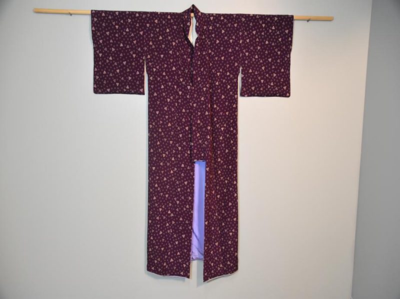Purple silk ladies Kimono with dainty snowflake and maple leaf pattern