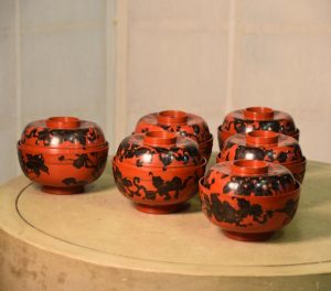 Japanese Plum Blossom Lacquer Bowls x 6